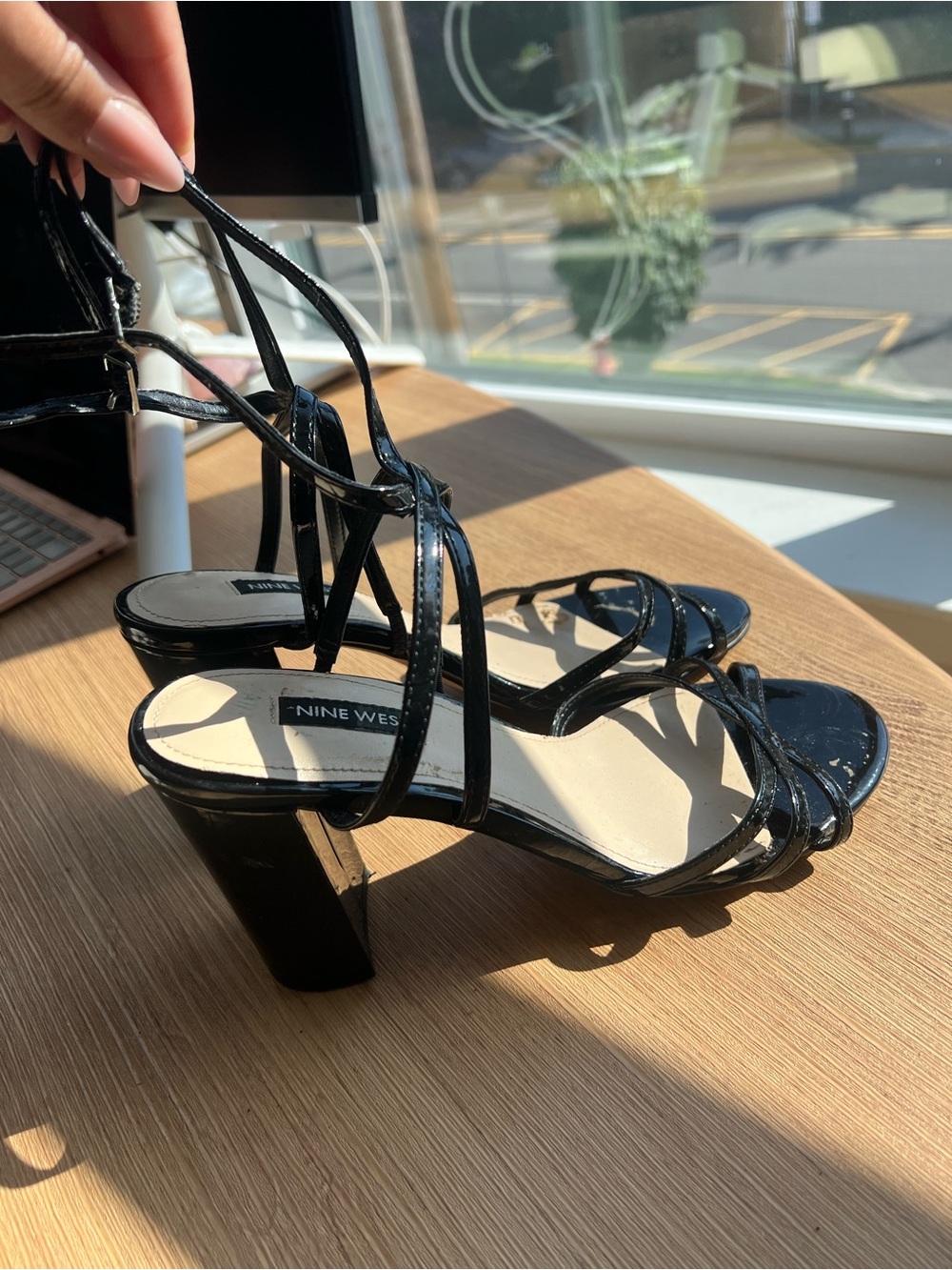 Nine West Black Patent Strappy Block Heel Sandals